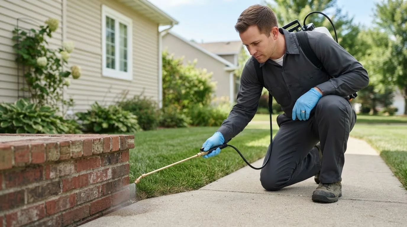 Pest control technician treating a home near Minden, IA