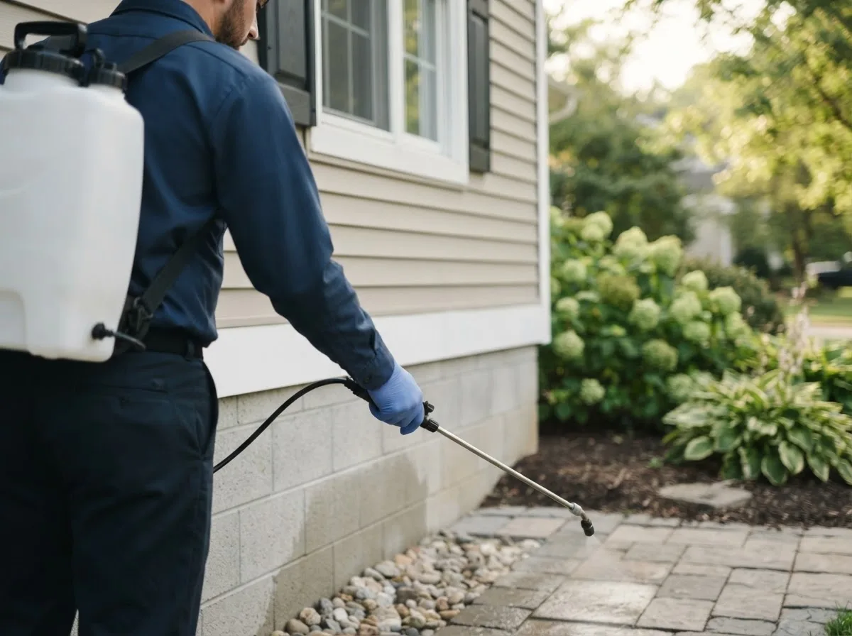 Pest control technician inspecting a home in Minden, IA